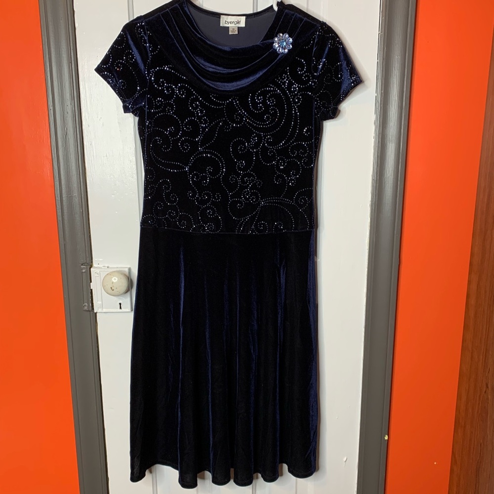 Byer Girl Vintage Velour Navy Blue Embellished Dress
